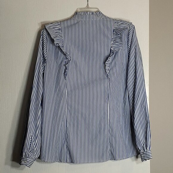 WOMEN'S FAITH & JOY Long Sleeve Blouse w Ruffles; Blue Stripe; Size M - Picture 2 of 5